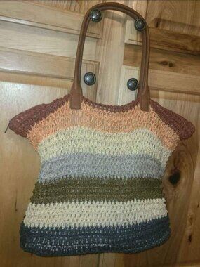 16x13 inch Tote Style Zippered Handbag Purse Navy Cream Olive Grey Peach Striped